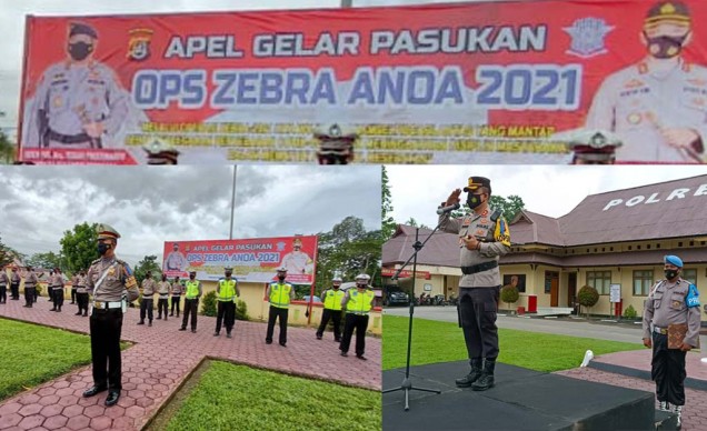 "Kapolres Konawe Selatan, AKBP Erwin Pratomo. S.I.K, memimpin apel gelar pasukan Operasi Zebra-Anoa 2021, dilapangan Upacara Mapolres Konsel