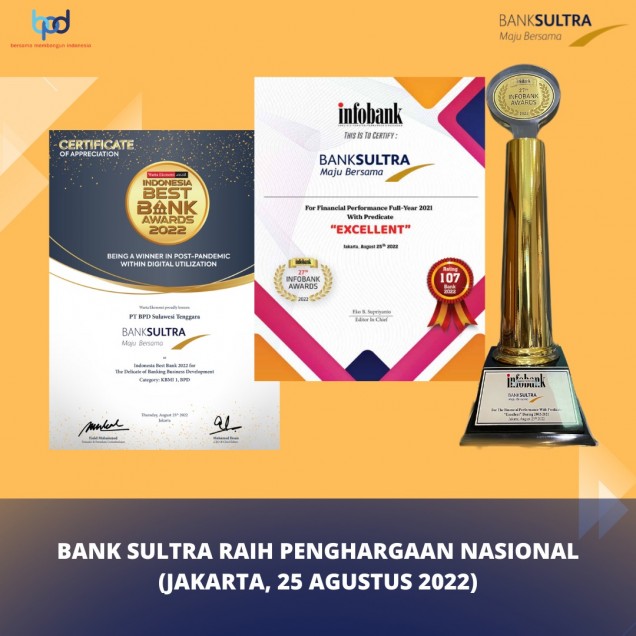 "Bank Sultra membanggakan, torehkan prestasi dengan raih dua penghargaan Nasional. Foto: Istimewa