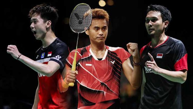 "Kevin Sanjaya, Tontowi Ahmad dan Mohammad Ahsan, atlet bulutangkis ternama tanah air. Foto: Indosport.com